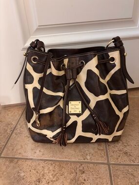 Dooney & Bourke Brown and Cream Giraffe-Print Drawstring Shoulder Bag
